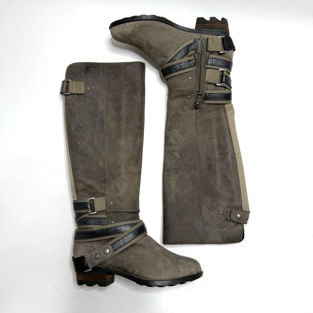 Sorel Lolla Tall Boots Women 6.5 Gray Nubuck Knee High Riding Waterproof Harness